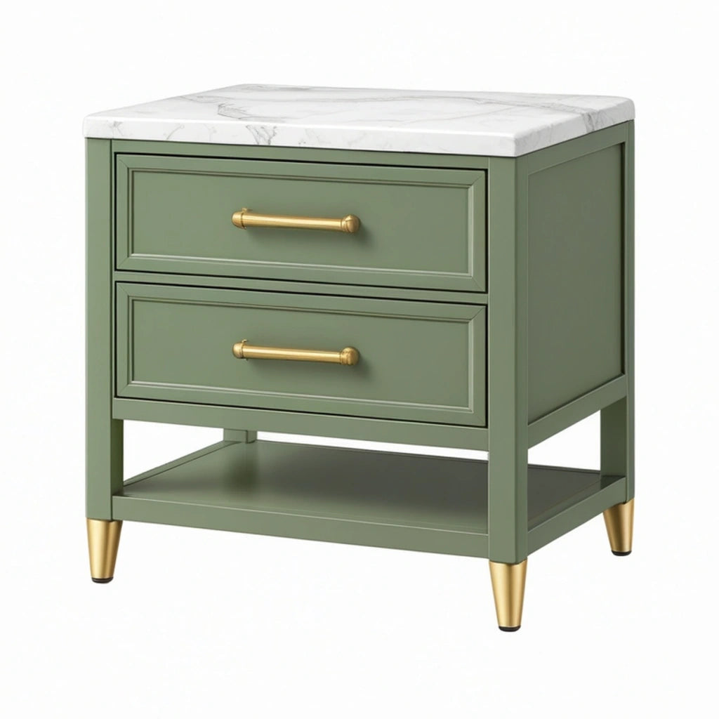 Comodino 60 x 45 x 65 cm verde salvia in legno ingegnerizzato con piano effetto marmo e 2 cassetti