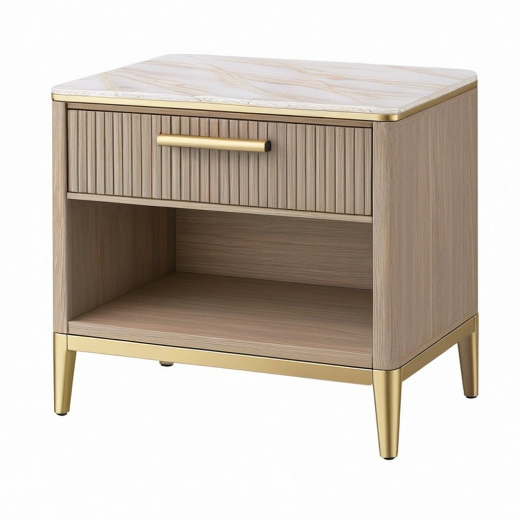 Comodino 50 x 40 x 60 cm in legno beige con piano effetto marmo e cassetto stile moderno