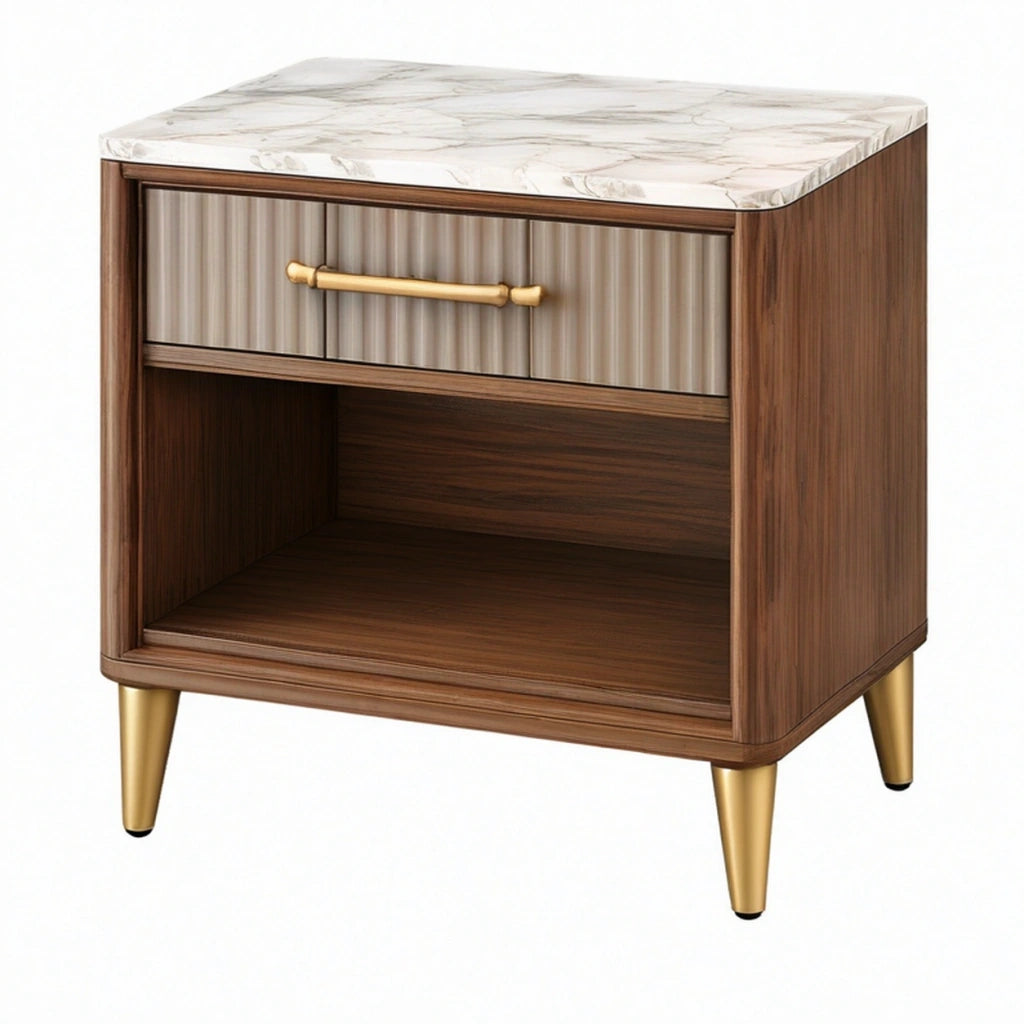 Comodino 50 x 40 x 60 cm in legno marrone con piano effetto marmo e cassetto stile moderno