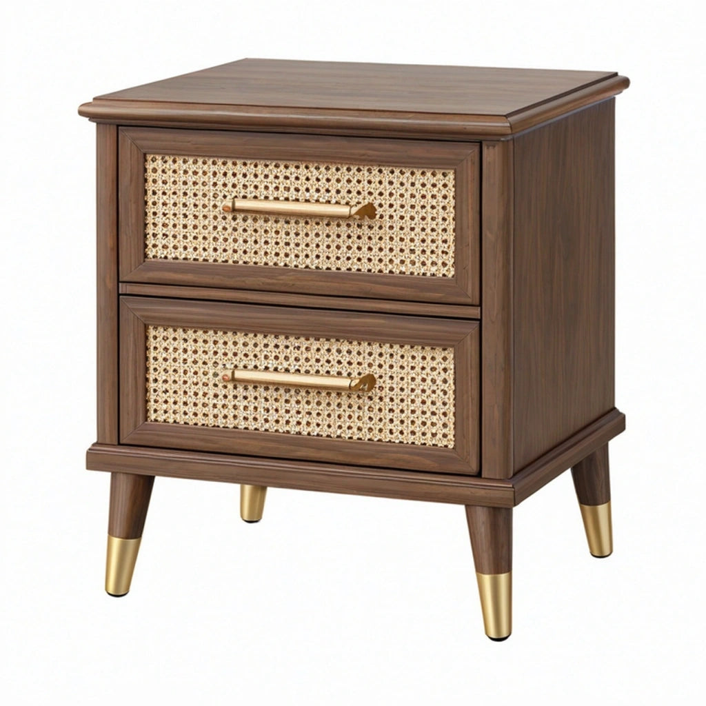 Comodino 50 x 40 x 60 cm in legno marrone con rattan - due cassetti stile retrò