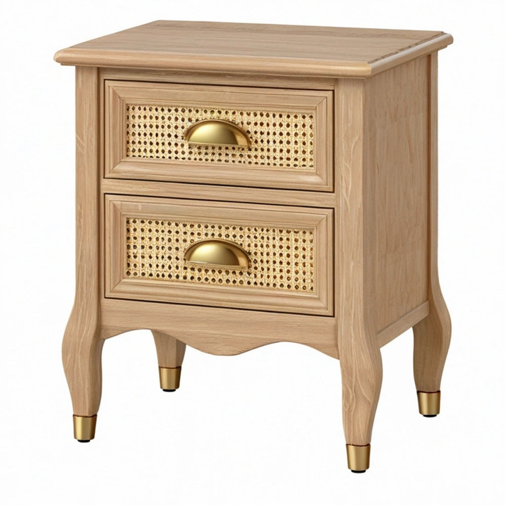 Comodino 50 x 40 x 65 cm in legno naturale con 2 cassetti in rattan stile classico