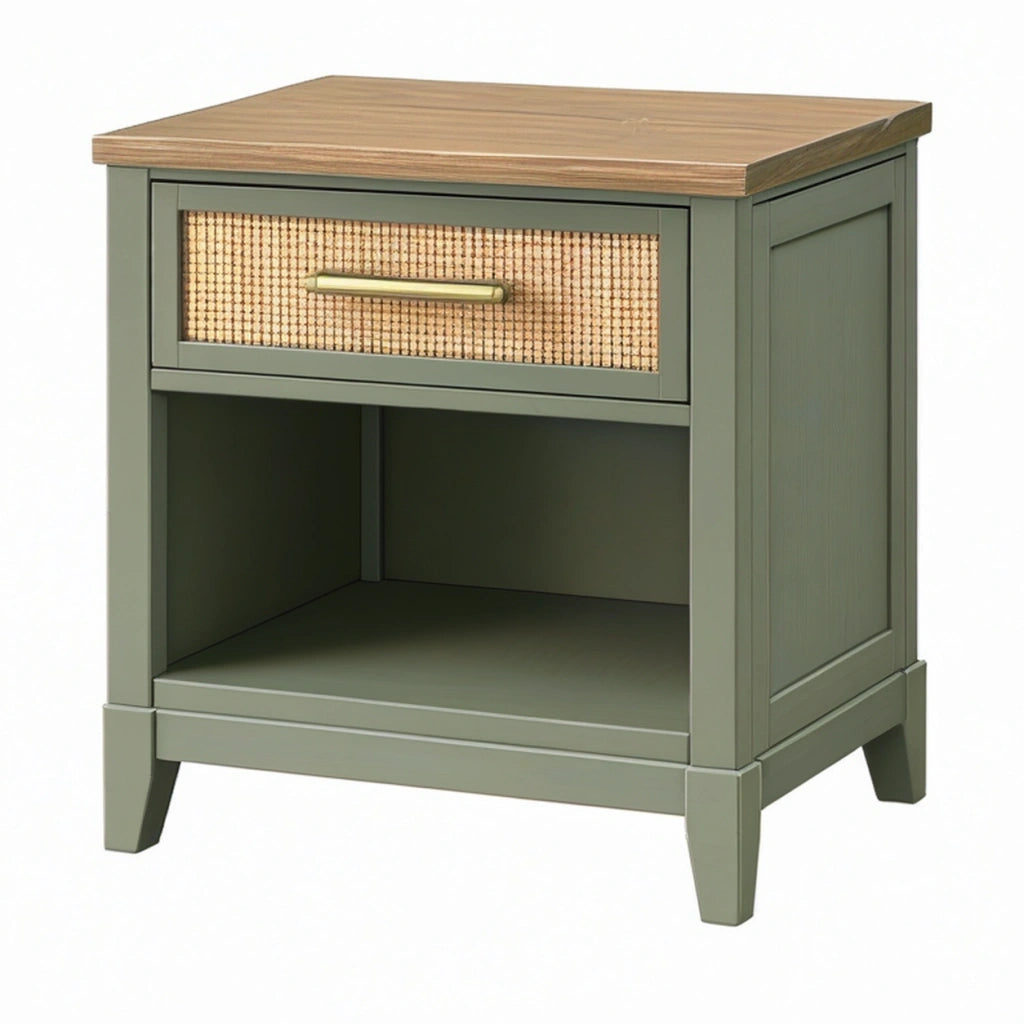 Comodino 50 x 40 x 60 cm in legno verde oliva con cassetto e vano aperto stile rustico