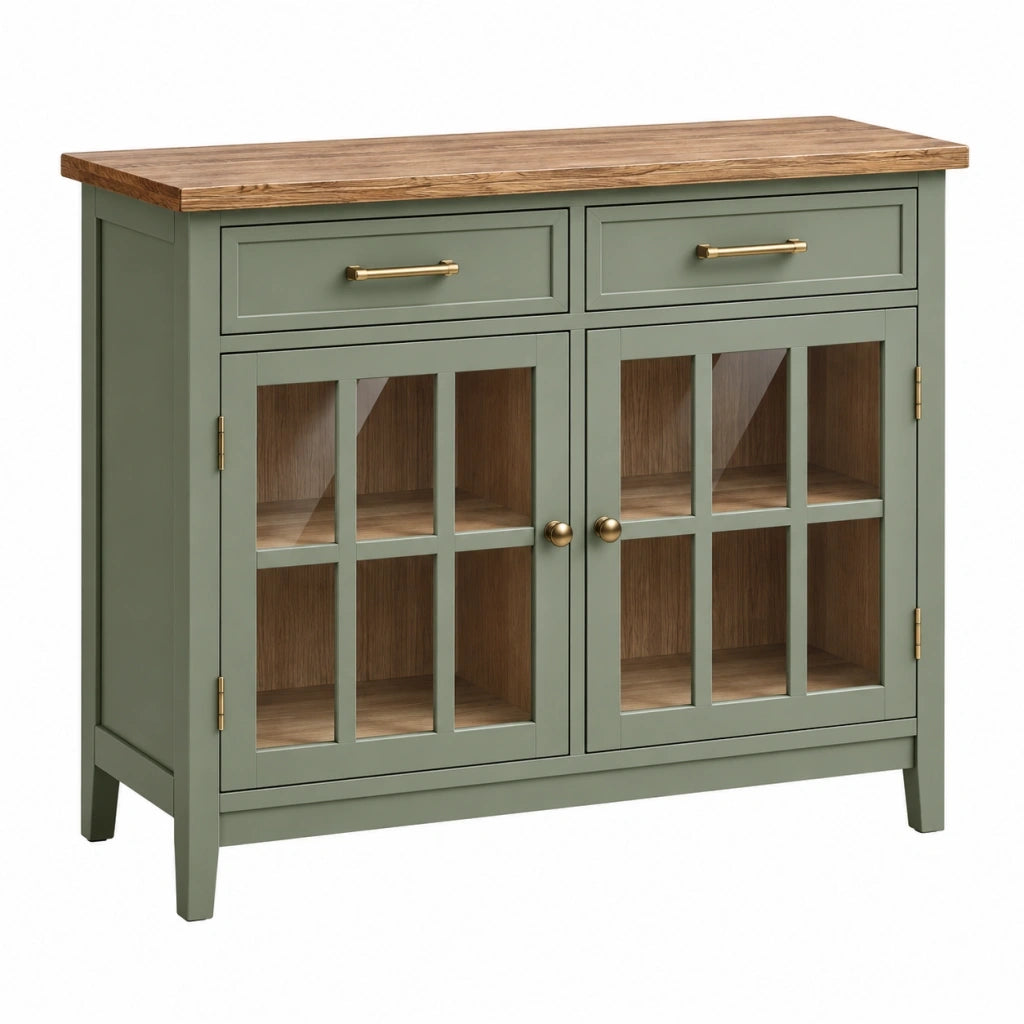 Credenza 120 x 45 x 90 cm in legno verde salvia con ante in vetro stile rustico