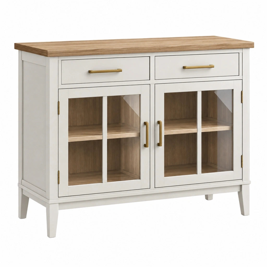 Credenza 120 x 40 x 95 cm in legno bianco e rovere con ante in vetro - mobile contenitore stile classico