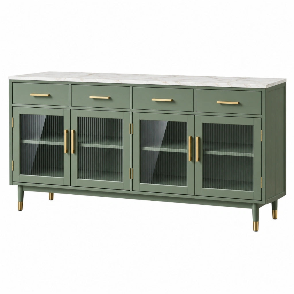 Credenza 180 x 45 x 85 cm in legno verde con piano effetto marmo e ante in vetro stile moderno