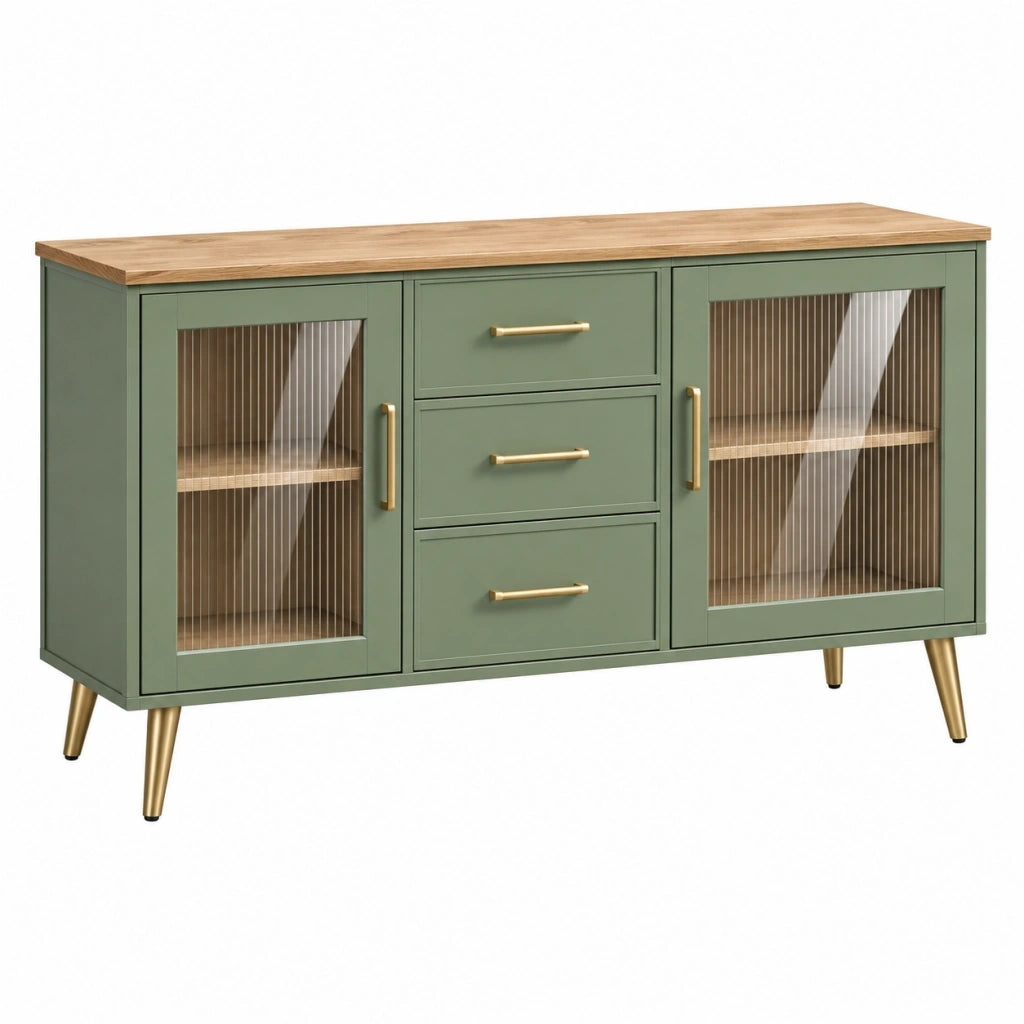 Credenza 150x40x85 cm in legno verde salvia con ante in vetro e cassetti stile moderno