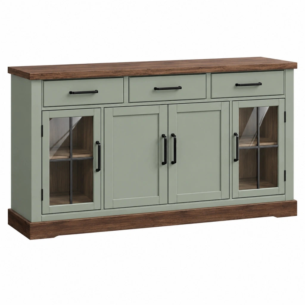 Credenza 160 x 40 x 90 cm verde salvia e marrone in legno con ante in vetro stile rustico