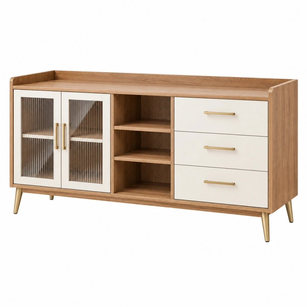Credenza 160 x 40 x 85 cm in pannelli effetto legno noce e bianco con cassetti e ante in vetro stile moderno