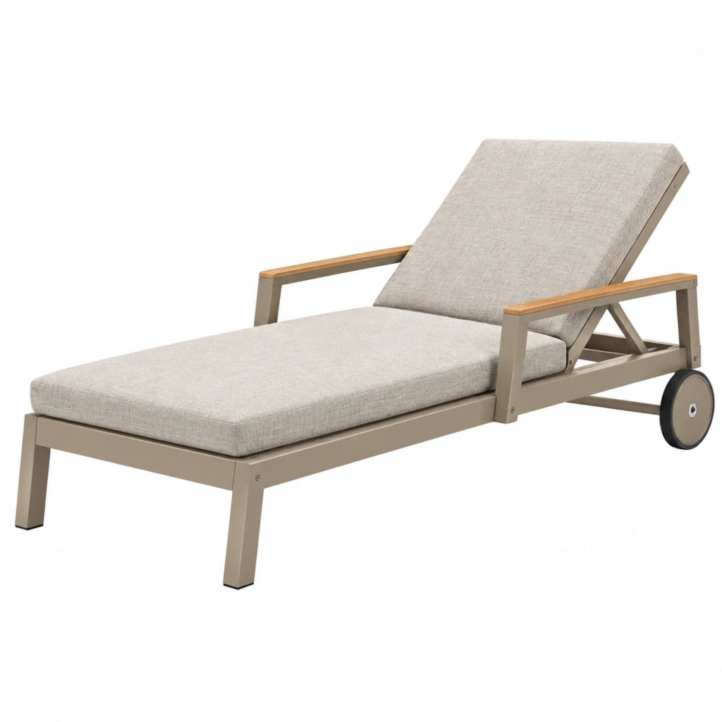 Lettino prendisole 200 x 70 cm in alluminio beige con schienale reclinabile e ruote
