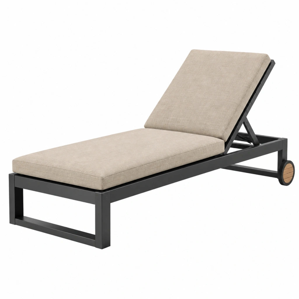 Lettino prendisole da esterno 200 x 70 cm in metallo nero e tessuto beige con schienale reclinabile
