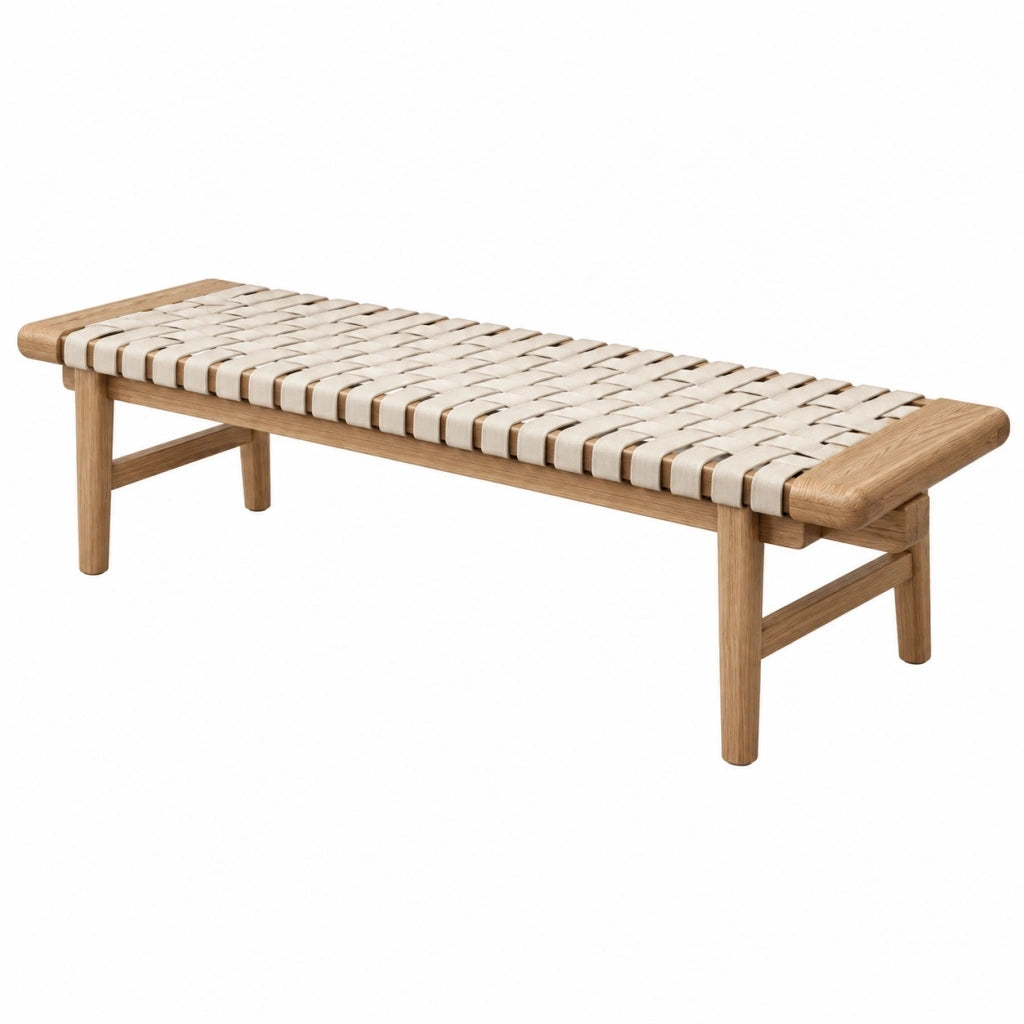 Panca 120 x 40 x 45 cm in legno con seduta intrecciata beige stile nordico