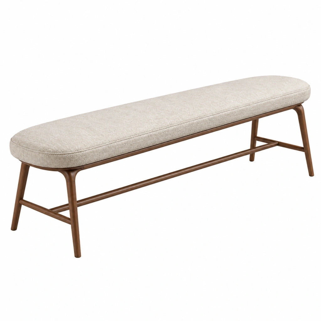Panca 120 cm imbottita in tessuto beige con struttura in legno stile moderno